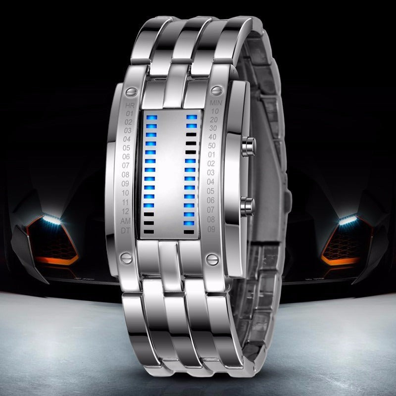 Reloj Binario Futurista — Pantalla LED Azul · Acero Inoxidable ⌚